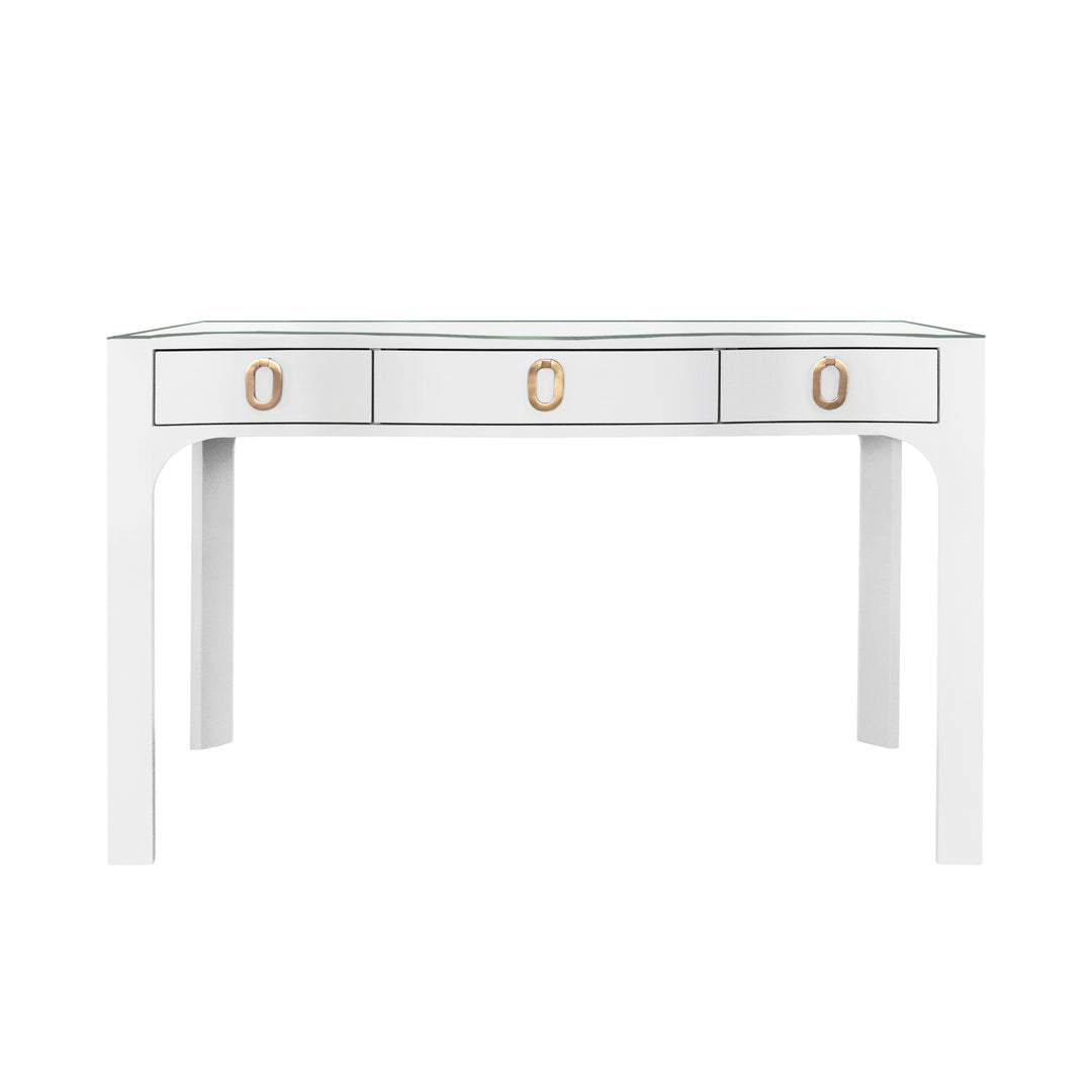 Curved Front Desk With Three Drawers In White Textured Linen With Satin Brass Ring Hardware And Glass Top - GLADYS WH