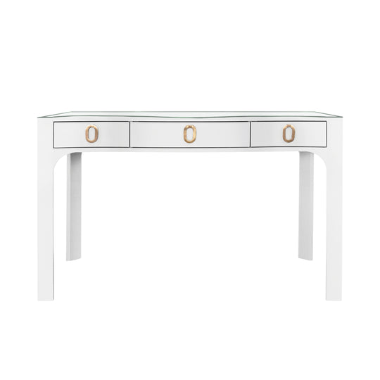 Curved Front Desk With Three Drawers In White Textured Linen With Satin Brass Ring Hardware And Glass Top - GLADYS WH