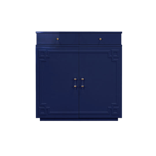 Two Drawer, Two Door Cabinet With Acrylic And Brass Hardware In Navy Lacquer - GLENN NVY
