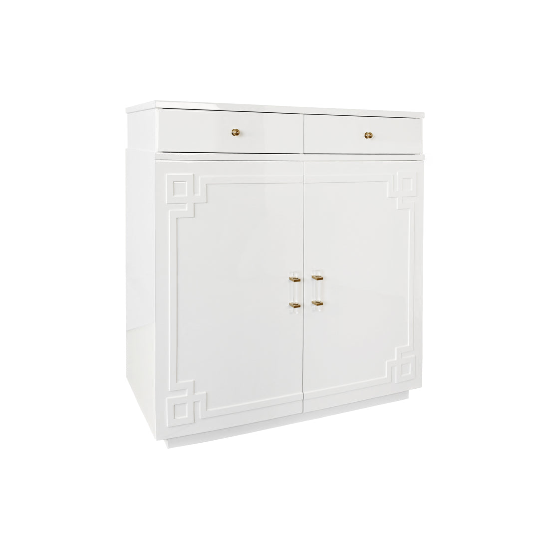 Two Drawer, Two Door Cabinet With Acrylic And Brass Hardware In White Lacquer - GLENN WH