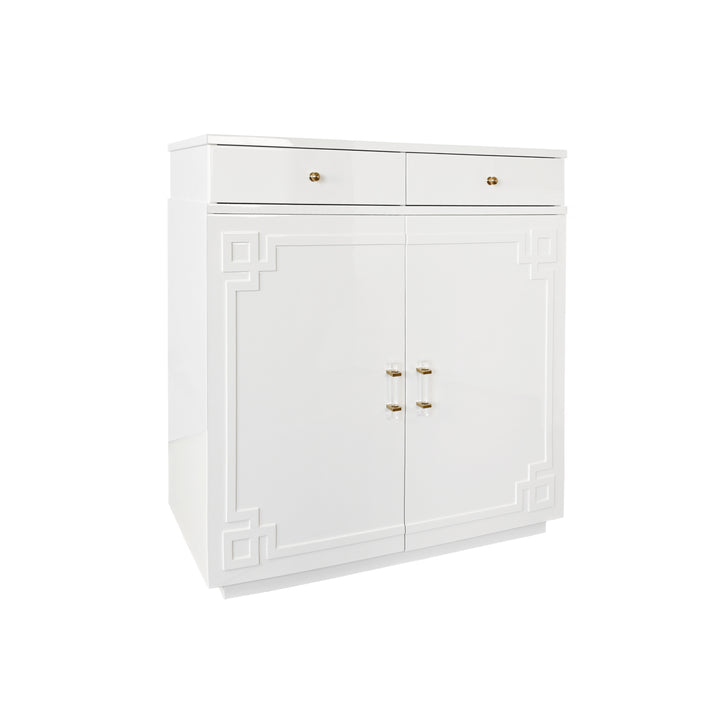 Two Drawer, Two Door Cabinet With Acrylic And Brass Hardware In White Lacquer - GLENN WH