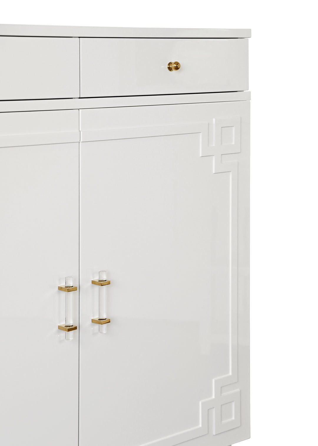 Two Drawer, Two Door Cabinet With Acrylic And Brass Hardware In White Lacquer - GLENN WH