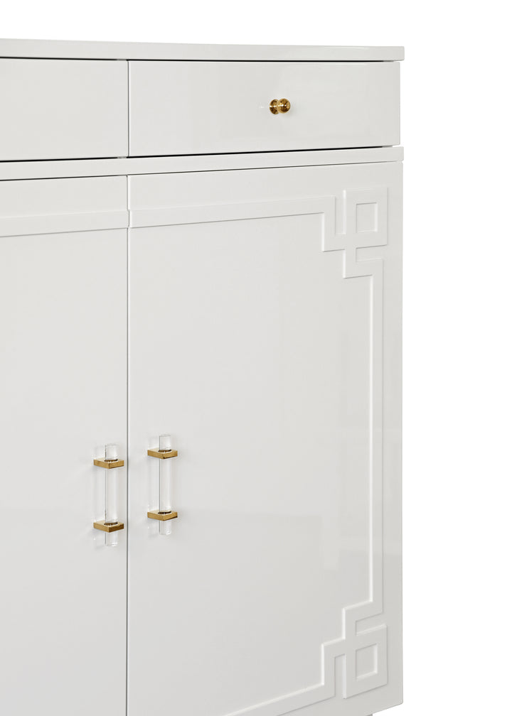 Two Drawer, Two Door Cabinet With Acrylic And Brass Hardware In White Lacquer - GLENN WH