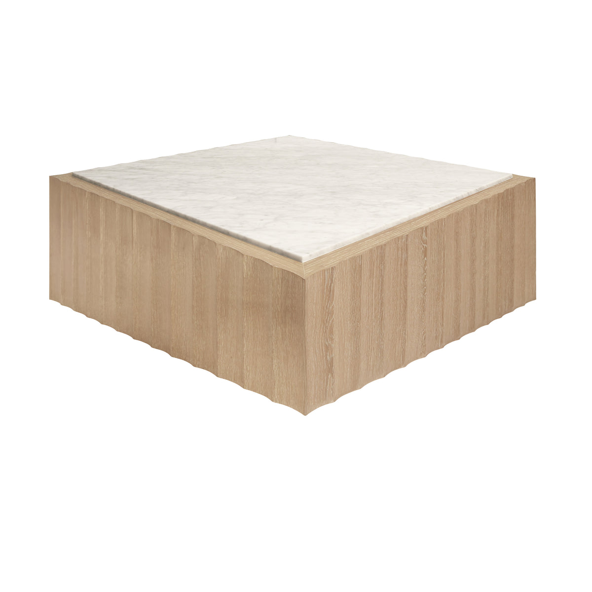 Square Coffee Table With Fluted Detail In Cerused Oak With White Carrara Marble Top - GRANGER CO