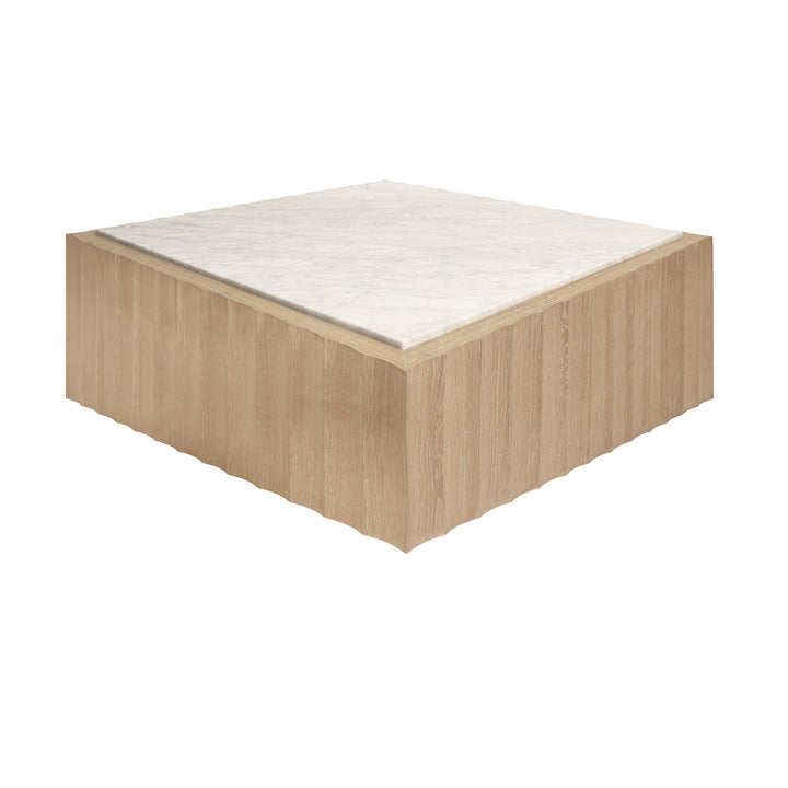 Square Coffee Table With Fluted Detail In Cerused Oak With White Carrara Marble Top - GRANGER CO