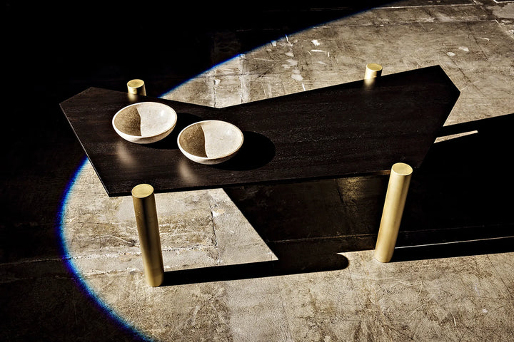 American Home Furniture | Noir - Tabu Coffee Table, Brass Finished Legs with Ebony Walnut Top