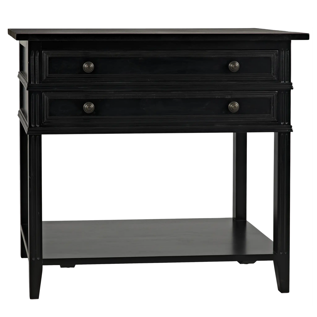 American Home Furniture | Noir - Colonial 2-Drawer Side Table, Distressed Black