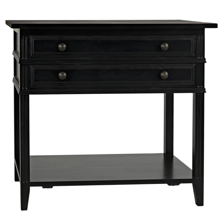 American Home Furniture | Noir - Colonial 2-Drawer Side Table, Distressed Black