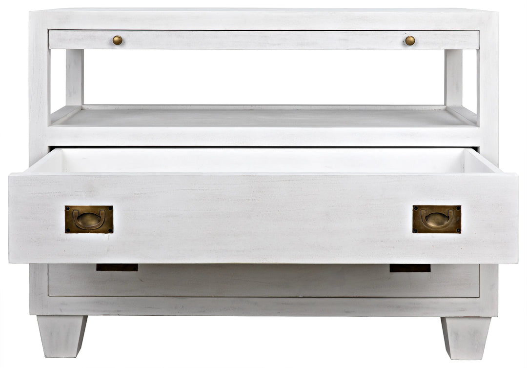 American Home Furniture | Noir - 2-Drawer Side Table with Sliding Tray, White Wash