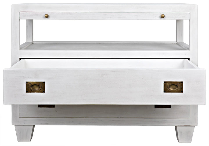 American Home Furniture | Noir - 2-Drawer Side Table with Sliding Tray, White Wash