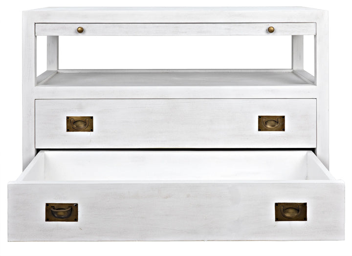 American Home Furniture | Noir - 2-Drawer Side Table with Sliding Tray, White Wash