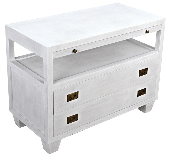 American Home Furniture | Noir - 2-Drawer Side Table with Sliding Tray, White Wash