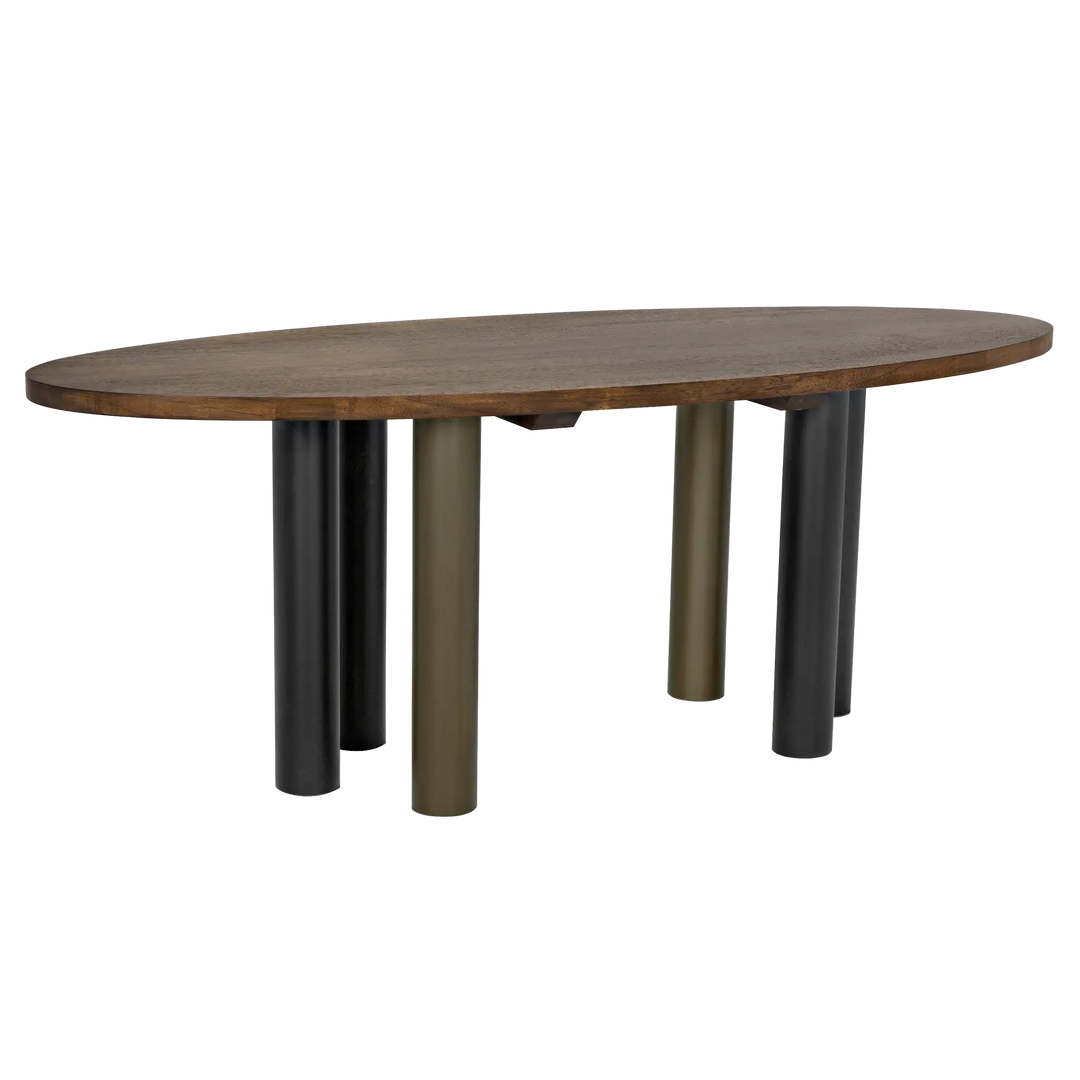 American Home Furniture | Noir - Journal Oval Dining Table, Dark Walnut with Black & Aged Brass Steel Base