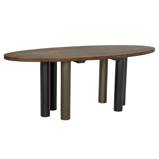 Noir Journal Oval Dining Table, Dark Walnut with Black & Aged Brass Steel Base DINING TABLES