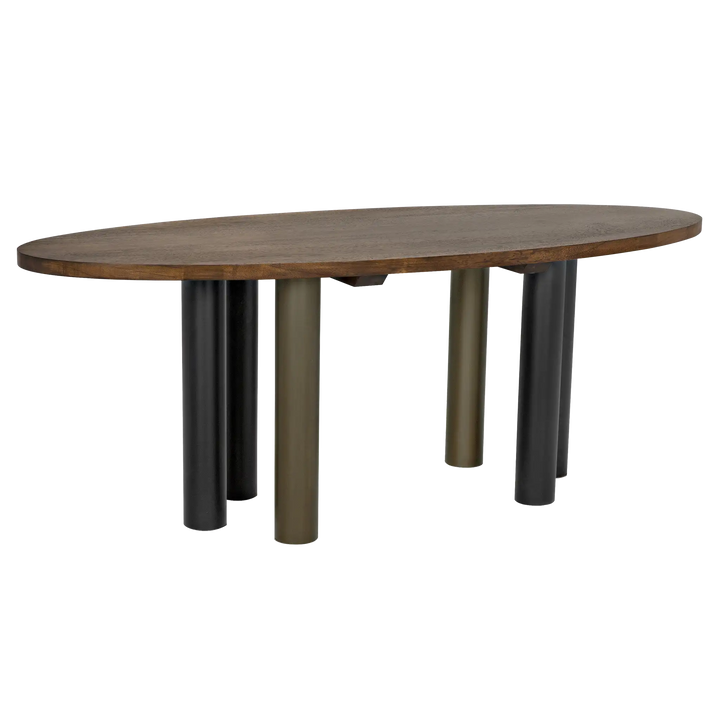 American Home Furniture | Noir - Journal Oval Dining Table, Dark Walnut with Black & Aged Brass Steel Base