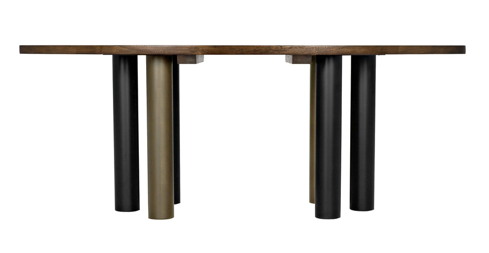 American Home Furniture | Noir - Journal Oval Dining Table, Dark Walnut with Black & Aged Brass Steel Base