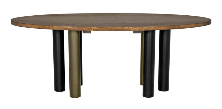 American Home Furniture | Noir - Journal Oval Dining Table, Dark Walnut with Black & Aged Brass Steel Base