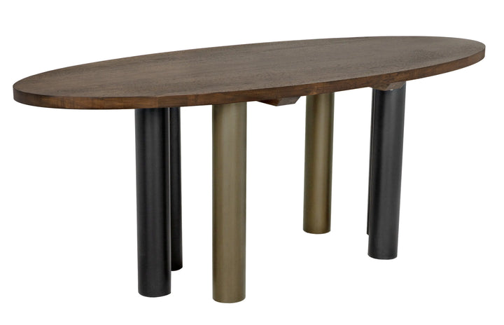 American Home Furniture | Noir - Journal Oval Dining Table, Dark Walnut with Black & Aged Brass Steel Base