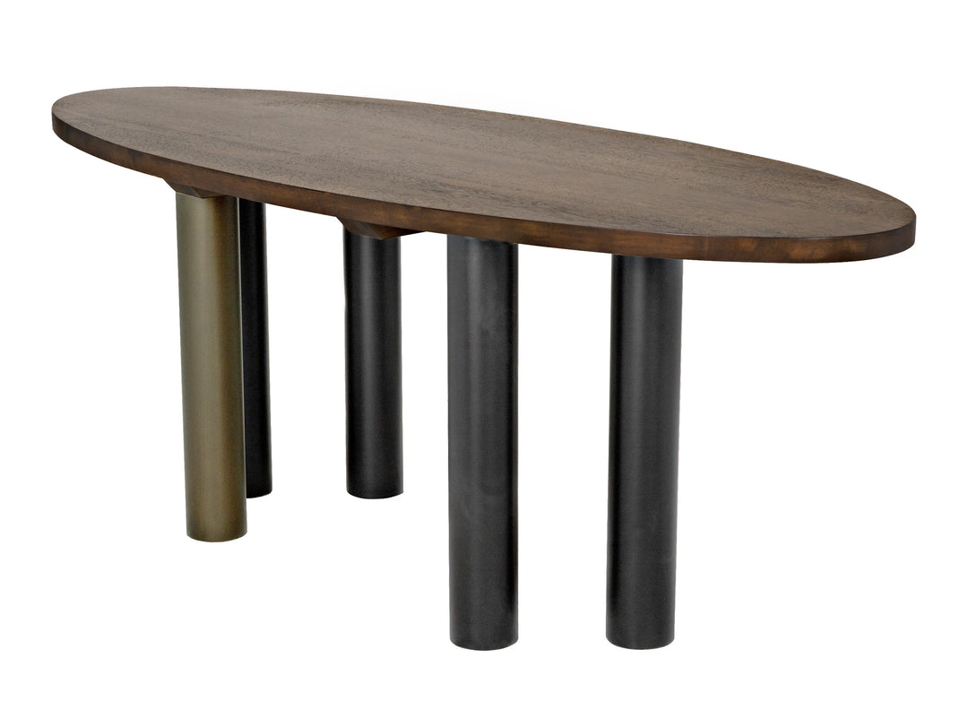 American Home Furniture | Noir - Journal Oval Dining Table, Dark Walnut with Black & Aged Brass Steel Base