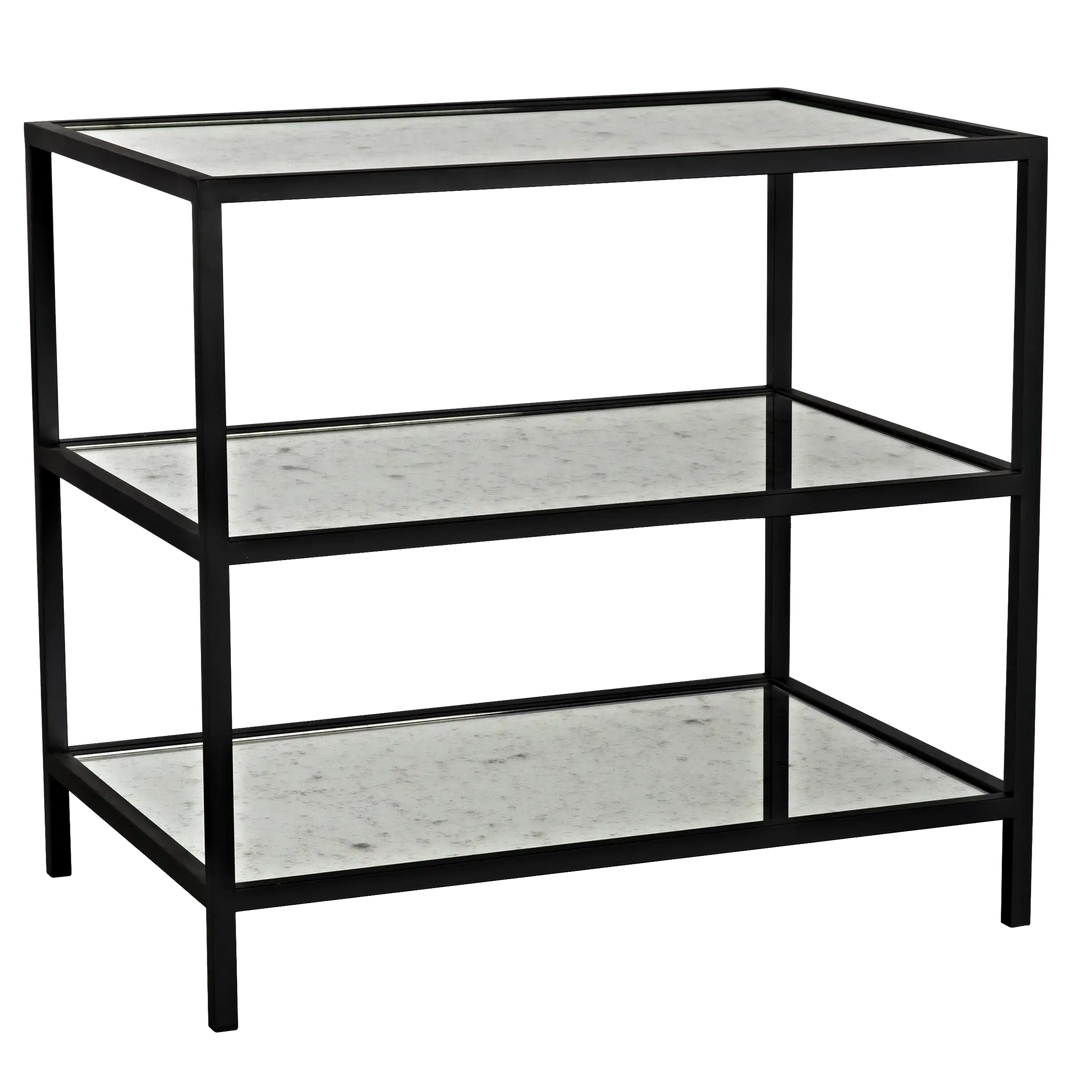 American Home Furniture | Noir - 3 Tier Side Table with Antiqued Mirror, Black Steel