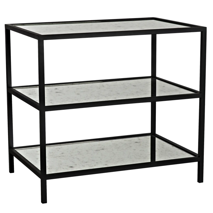 American Home Furniture | Noir - 3 Tier Side Table with Antiqued Mirror, Black Steel