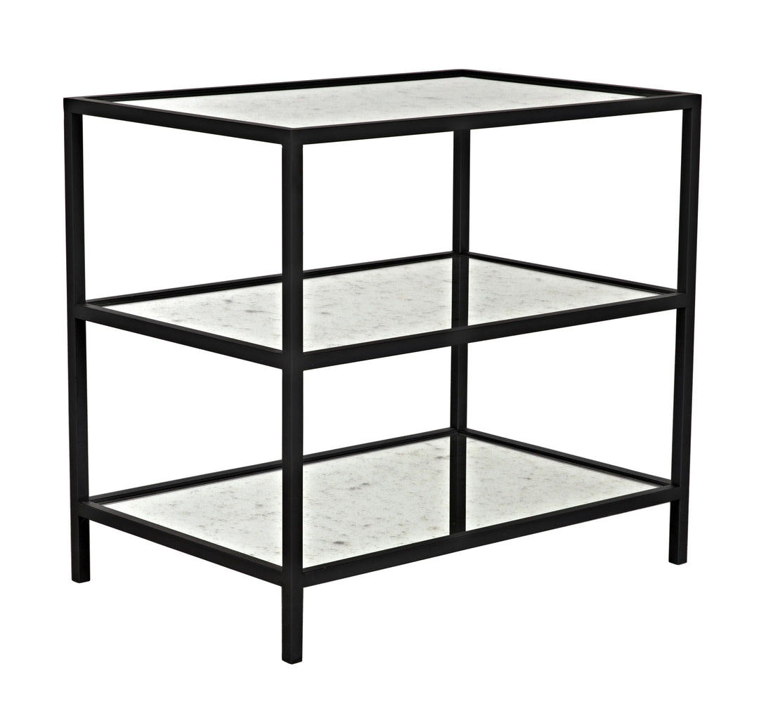 American Home Furniture | Noir - 3 Tier Side Table with Antiqued Mirror, Black Steel