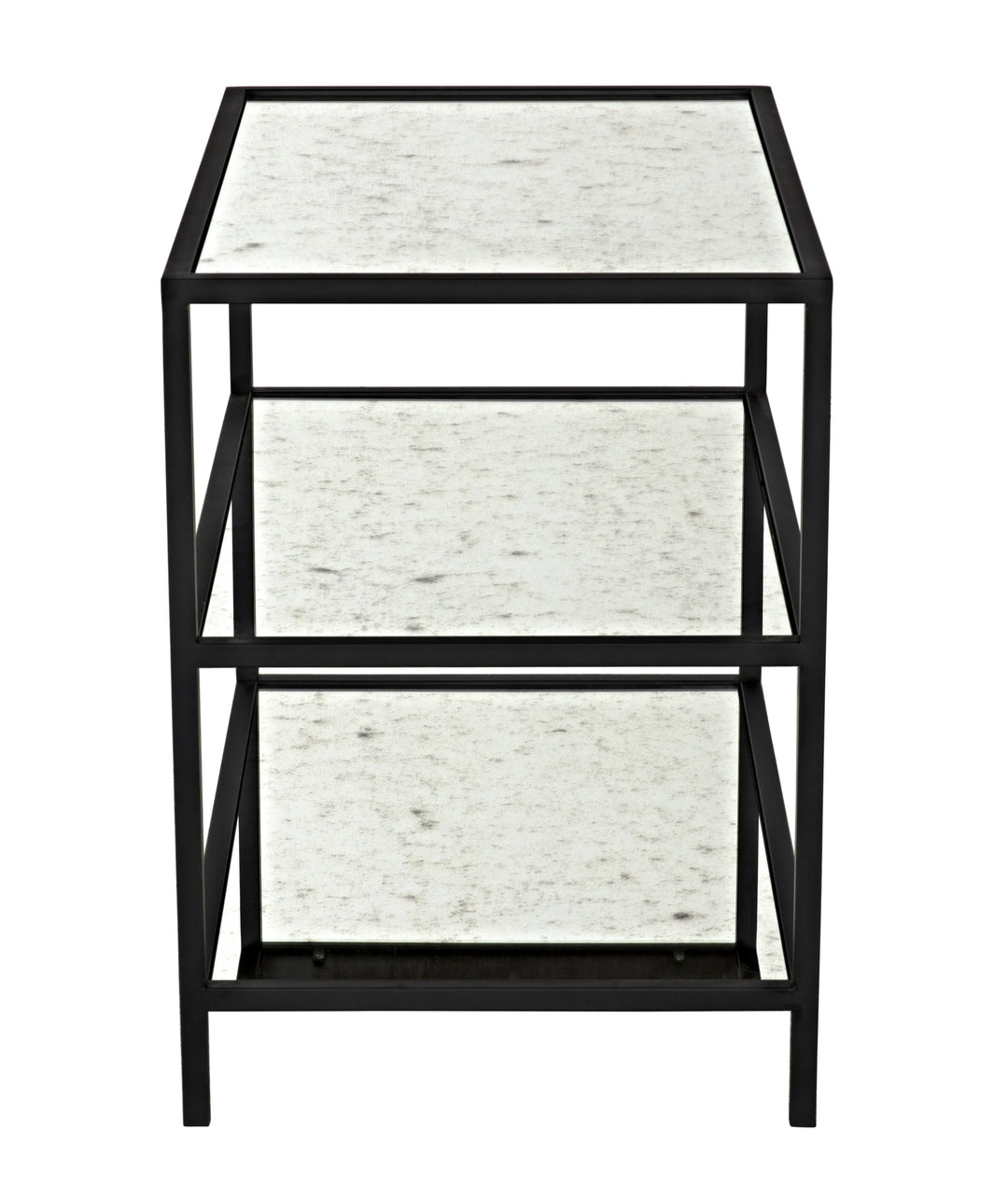 American Home Furniture | Noir - 3 Tier Side Table with Antiqued Mirror, Black Steel