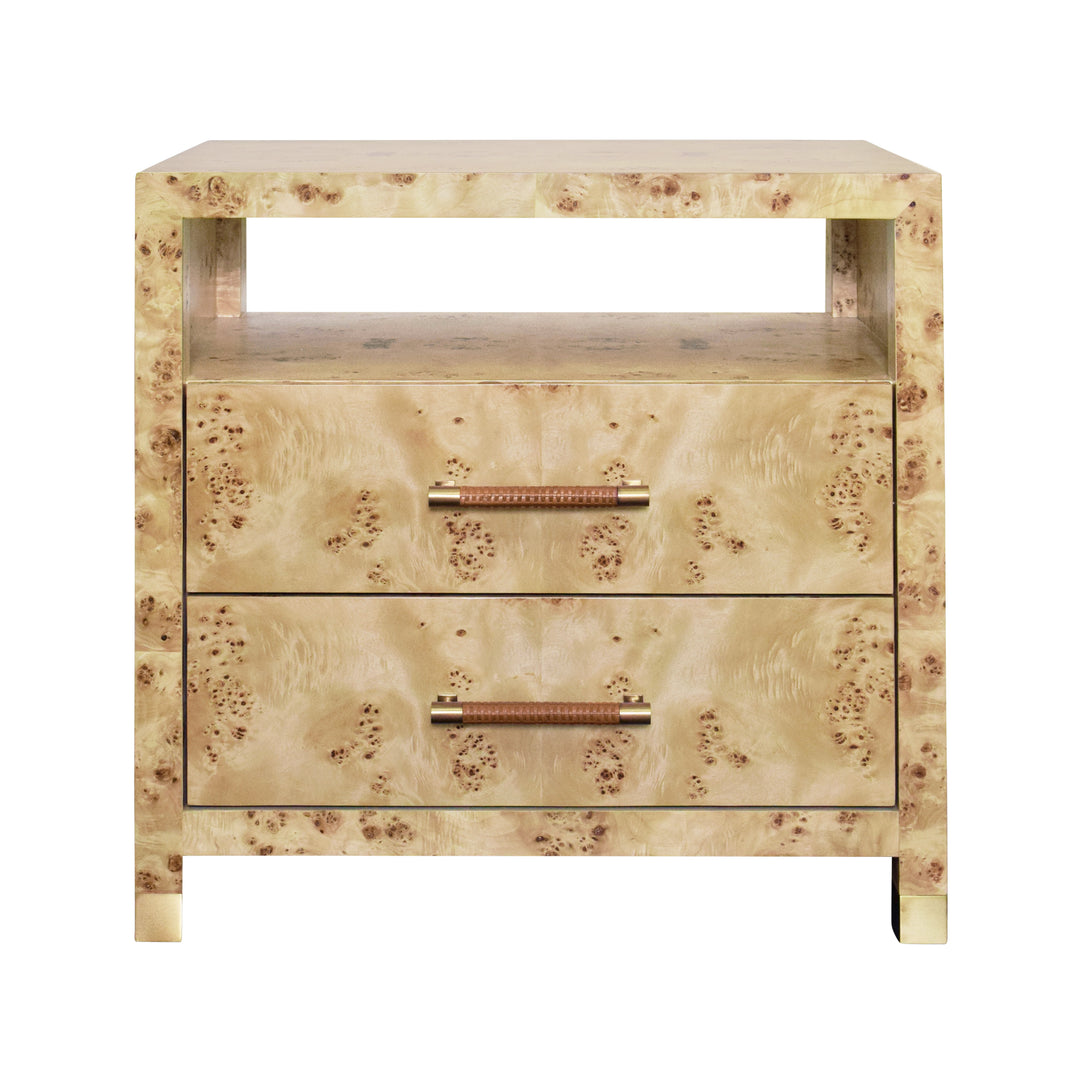 Two Drawer Side Table With Rattan Wrapped Handles In Burl Wood - HANCOCK BW