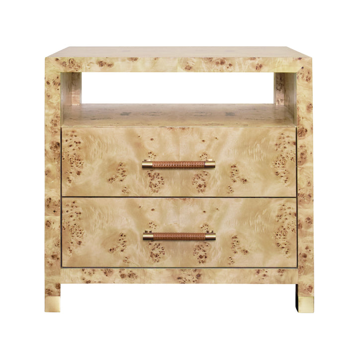 Two Drawer Side Table With Rattan Wrapped Handles In Burl Wood - HANCOCK BW