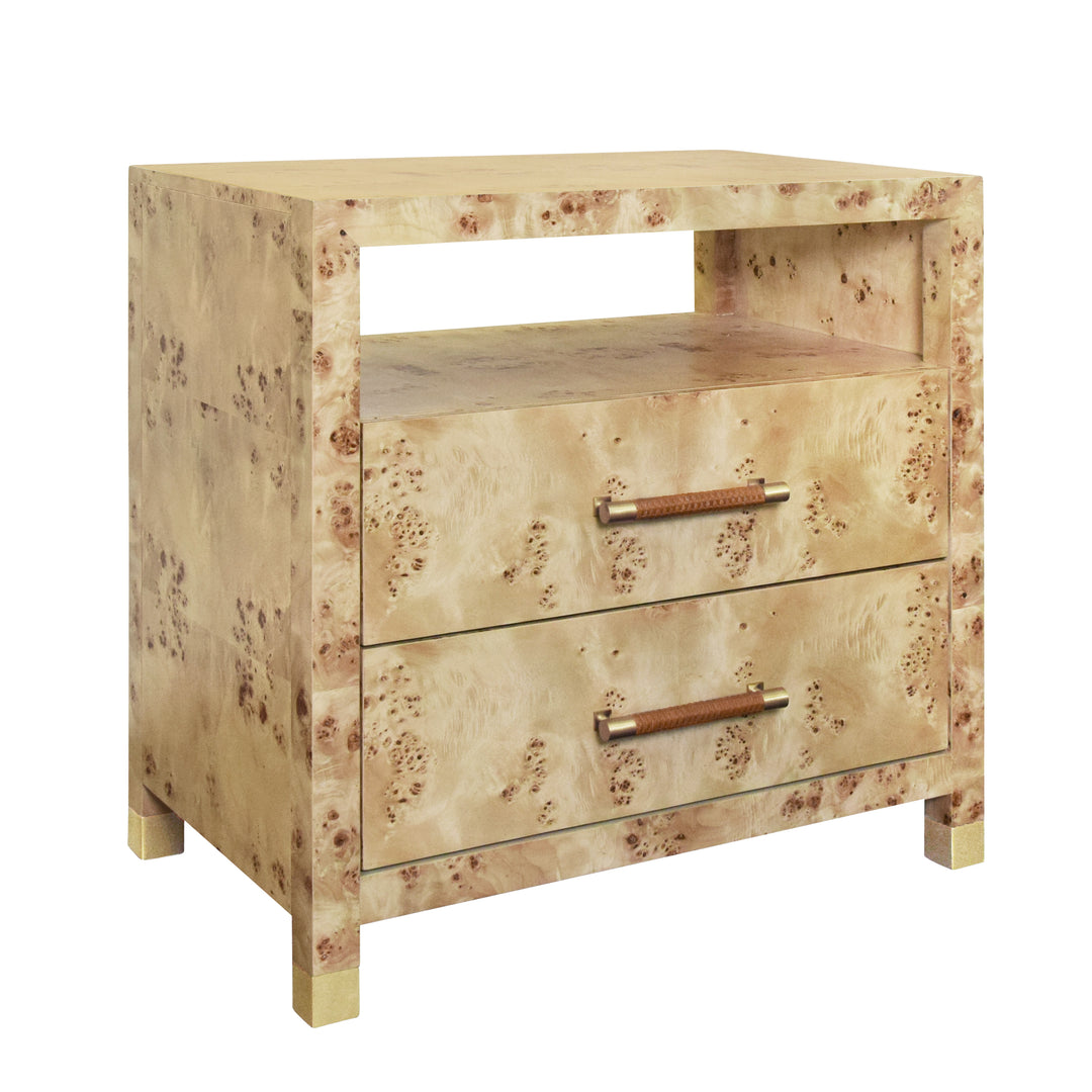 Two Drawer Side Table With Rattan Wrapped Handles In Burl Wood - HANCOCK BW