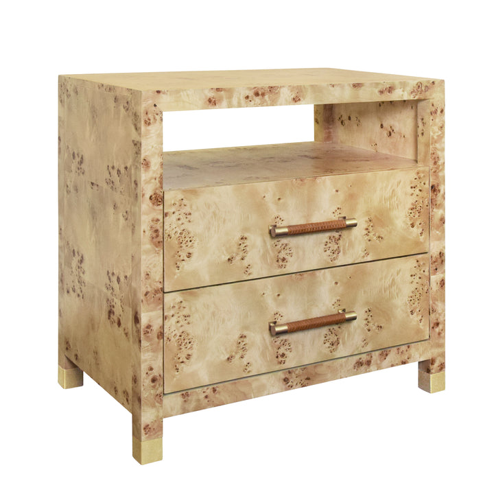 Two Drawer Side Table With Rattan Wrapped Handles In Burl Wood - HANCOCK BW