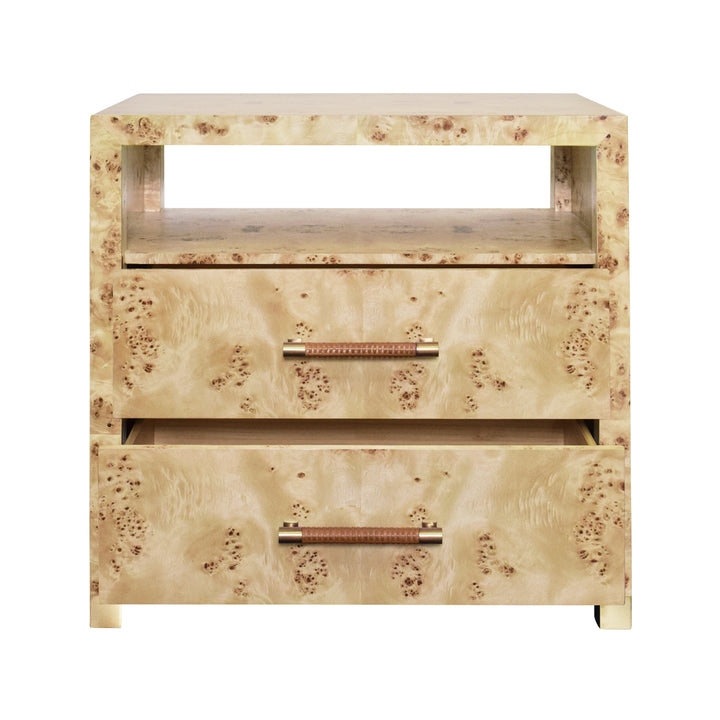 Two Drawer Side Table With Rattan Wrapped Handles In Burl Wood - HANCOCK BW