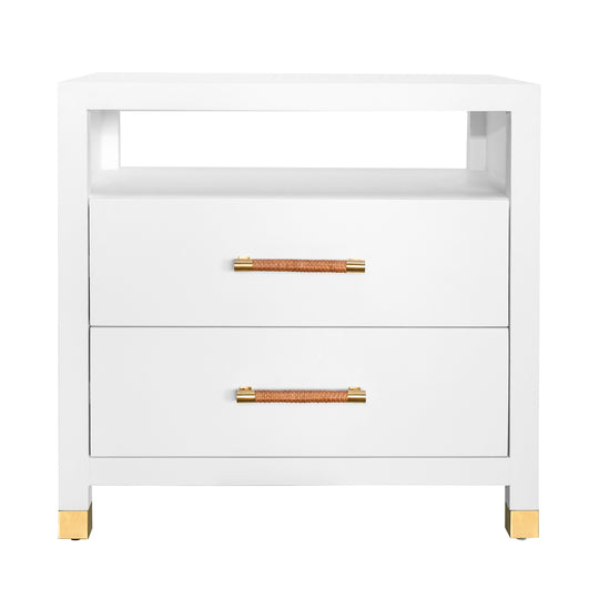 Two Drawer Side Table With Rattan Wrapped Handles In Matte White Lacquer - HANCOCK WH