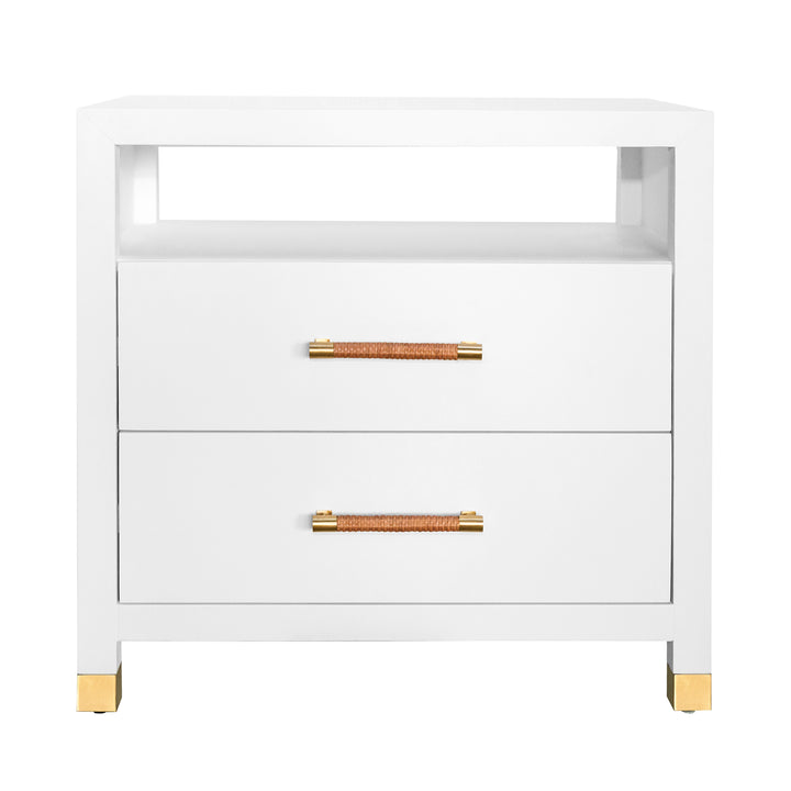 Two Drawer Side Table With Rattan Wrapped Handles In Matte White Lacquer - HANCOCK WH