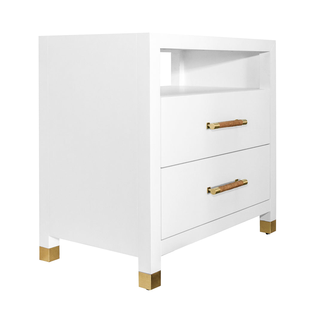 Two Drawer Side Table With Rattan Wrapped Handles In Matte White Lacquer - HANCOCK WH
