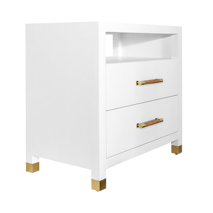 Two Drawer Side Table With Rattan Wrapped Handles In Matte White Lacquer - HANCOCK WH