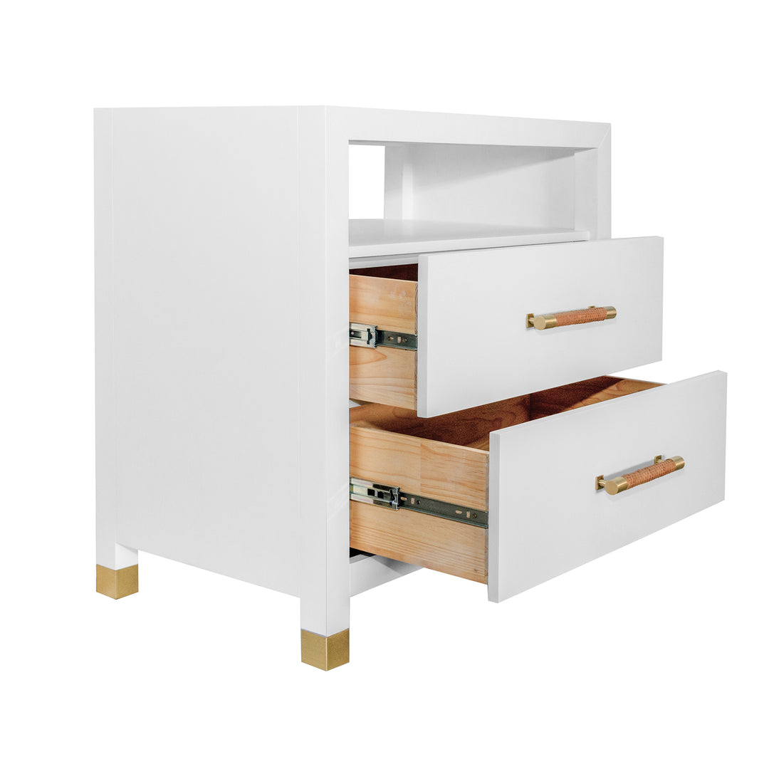 Two Drawer Side Table With Rattan Wrapped Handles In Matte White Lacquer - HANCOCK WH