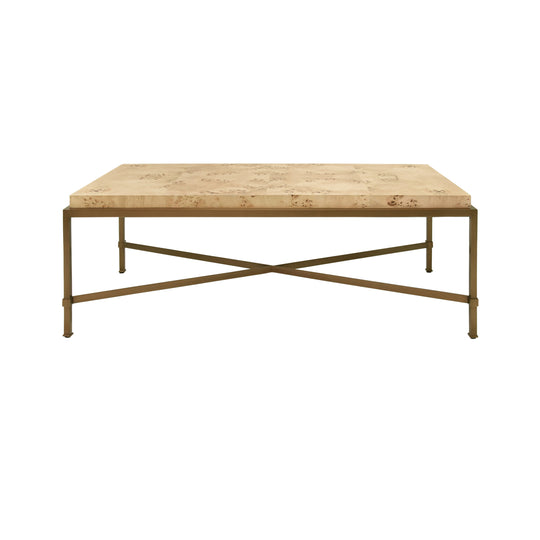 Antique Brass Frame Coffee Table With Thick Top In Burl Wood - HARDWICK BW