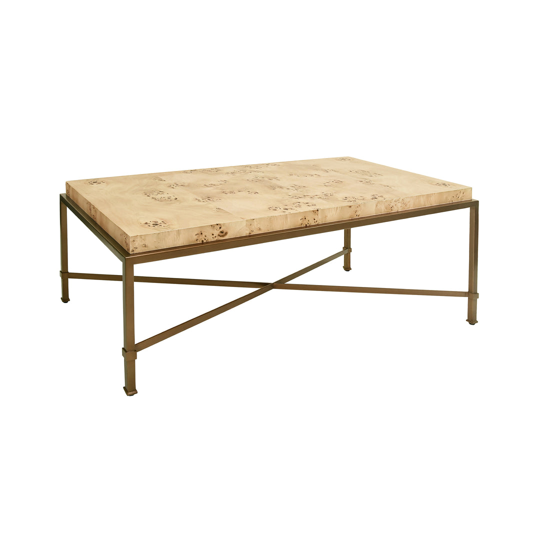 Antique Brass Frame Coffee Table With Thick Top In Burl Wood - HARDWICK BW