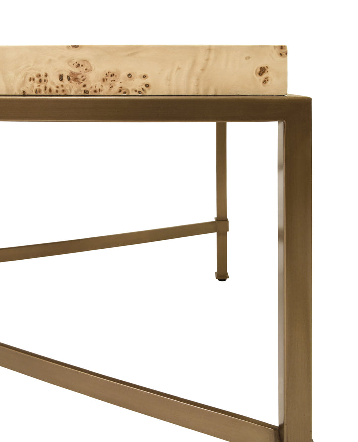 Antique Brass Frame Coffee Table With Thick Top In Burl Wood - HARDWICK BW