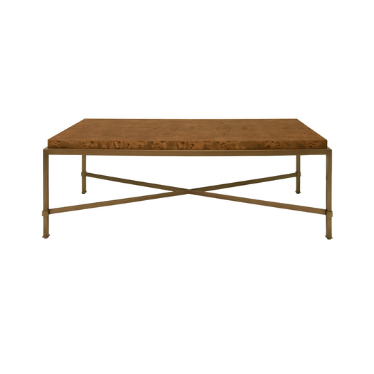 Antique Brass Frame Coffee Table With Thick Top In Dark Burl Wood - HARDWICK DBW