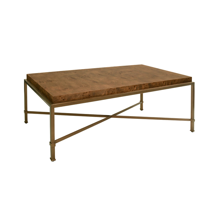 Antique Brass Frame Coffee Table With Thick Top In Dark Burl Wood - HARDWICK DBW