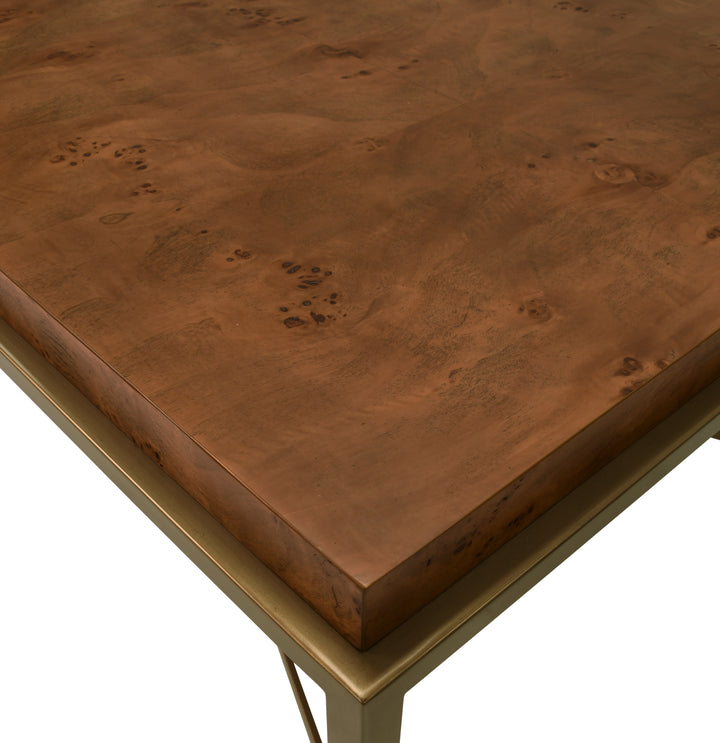Antique Brass Frame Coffee Table With Thick Top In Dark Burl Wood - HARDWICK DBW