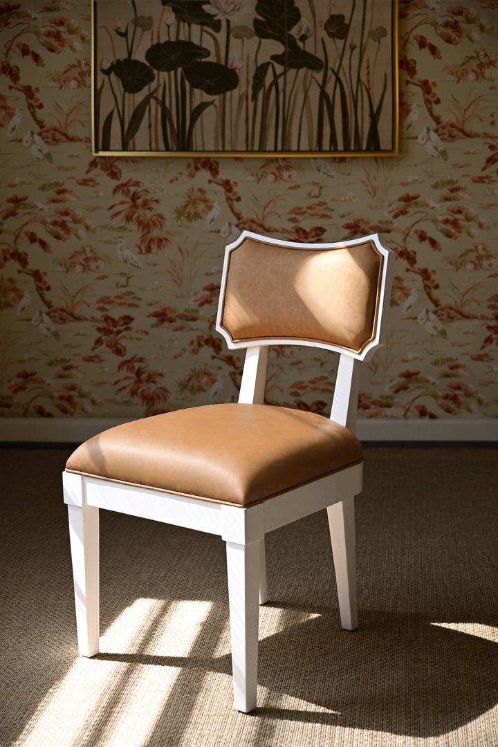 Bow Back Dining Chair In Matte White Lacquer With Camel Faux Leather Upholstery - HAYDEN CML