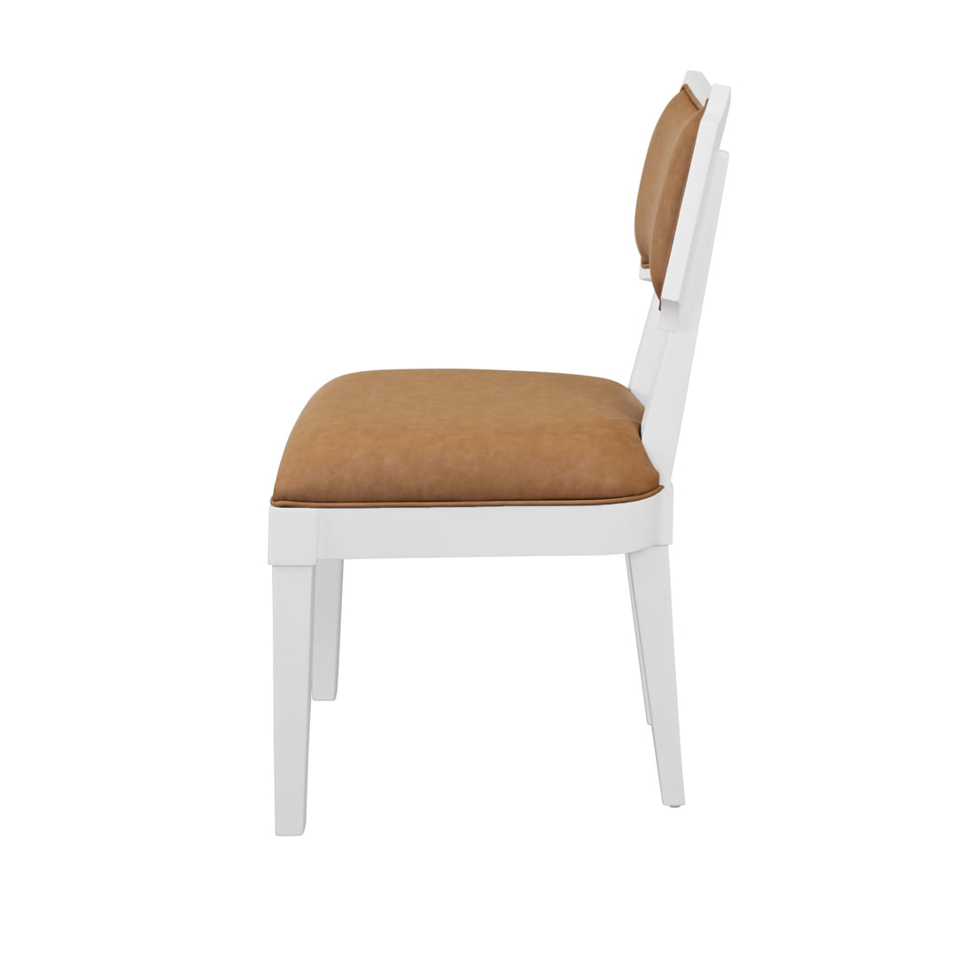 Bow Back Dining Chair In Matte White Lacquer With Camel Faux Leather Upholstery - HAYDEN CML