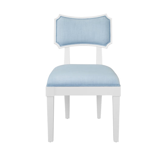 Bow Back Dining Chair In Matte White Lacquer With Performance Light Blue Linen Upholstery - HAYDEN LB