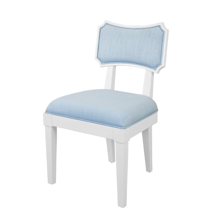 Bow Back Dining Chair In Matte White Lacquer With Performance Light Blue Linen Upholstery - HAYDEN LB