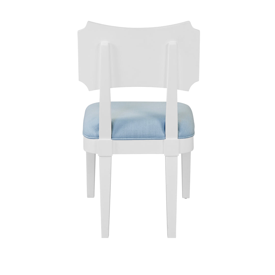 Bow Back Dining Chair In Matte White Lacquer With Performance Light Blue Linen Upholstery - HAYDEN LB