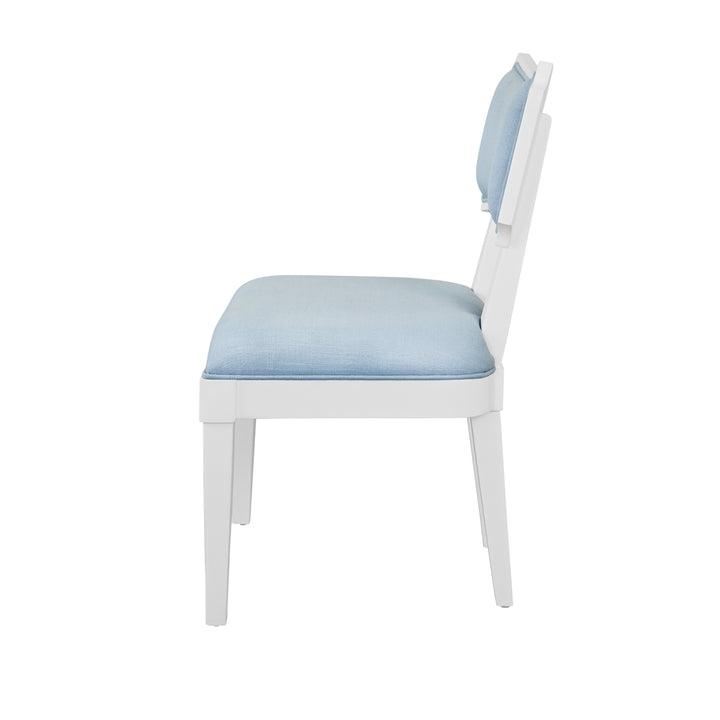 Bow Back Dining Chair In Matte White Lacquer With Performance Light Blue Linen Upholstery - HAYDEN LB