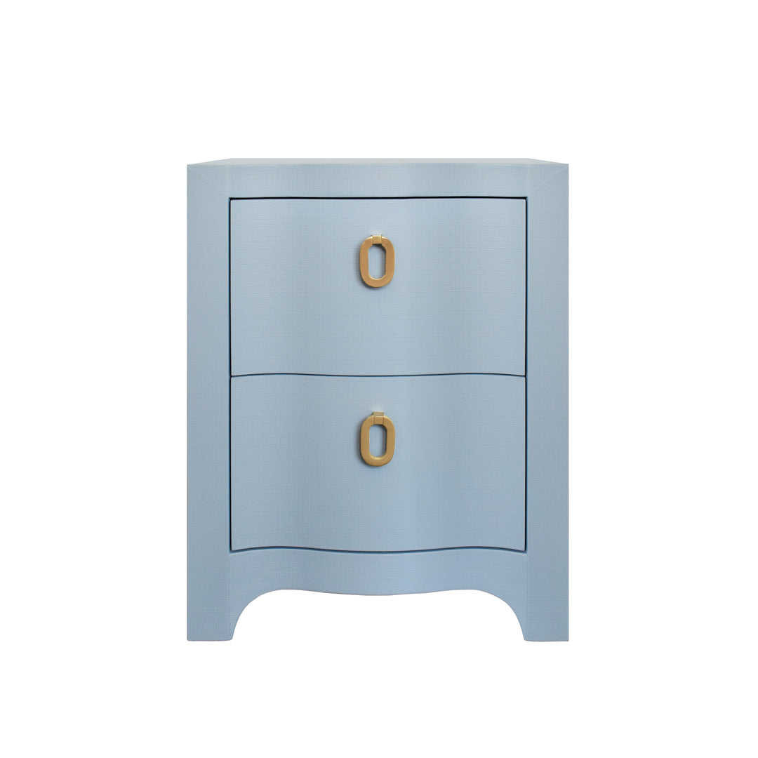Curved Front Side Table With Two Drawers In Light Blue Textured Linen With Satin Brass Ring Hardware - HELENA LB